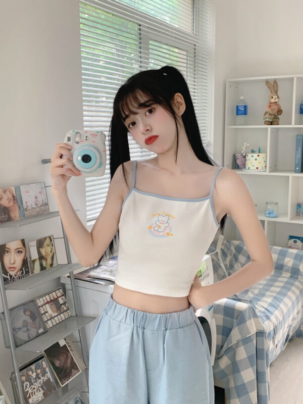 Japanese Soft Girl Style Bear Embroidery Suspender Tank Tops bear kawaii