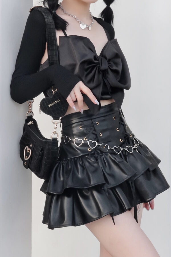 PU Leather High Waist Tiered Skirt cake skirt kawaii