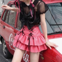 PU Leather High Waist Tiered Skirt cake skirt kawaii