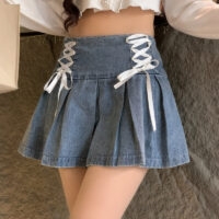 Niebieska dżinsowa krótka spódniczka w stylu dziewczęcym Spódnica dżinsowa kawaii