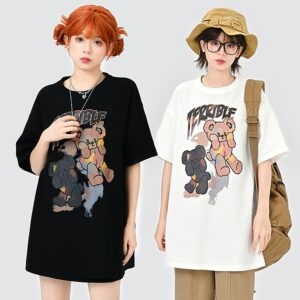Soft Girl Style Black Loose Cartoon Bear T-shirt Black kawaii
