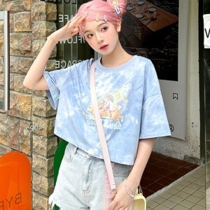 Mjuk flicka stil tecknad ängel utskrift rund hals T-shirt Lucky Angel kawaii