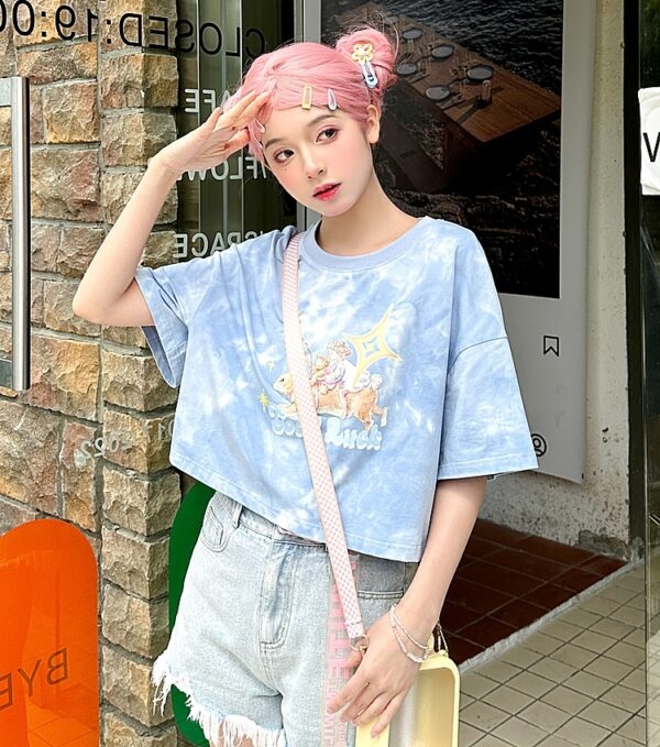 Mjuk flicka stil tecknad ängel utskrift rund hals T-shirt Lucky Angel kawaii