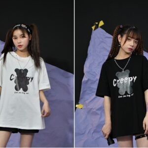 Camiseta de comprimento médio com estampa de urso de desenho animado de verão urso kawaii