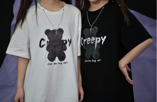 Camiseta de comprimento médio com estampa de urso de desenho animado de verão urso kawaii