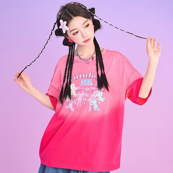 Sweet Gradient Red Loose T-Shirt - Kawaii Fashion Shop | Cute Asian ...