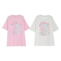 Sweet Soft Girl Style Handmålad lös T-shirt med tryck Söt kawaii