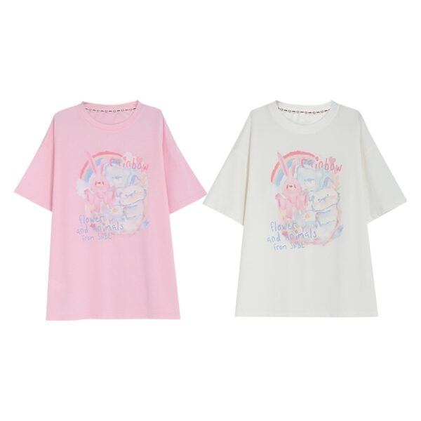 T-shirt ampia stampata dipinta a mano in stile dolce e morbido da ragazza Kawaii carino