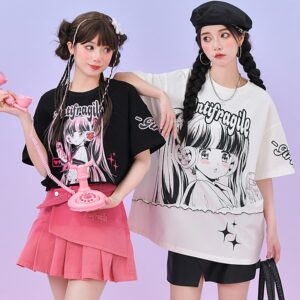 Y2K Style Manga Girl Print T-shirt Komisk tjej kawaii