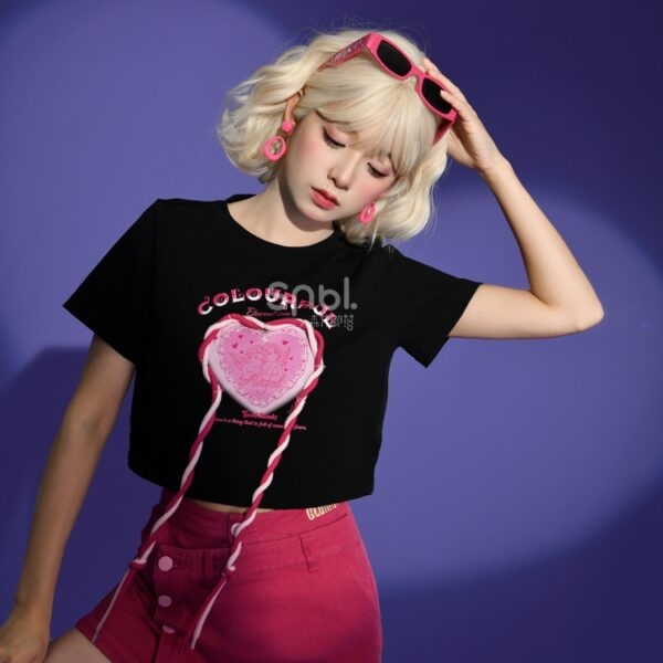 Black Sweet And Spicy Pink Heart Print T-Shirt Black kawaii