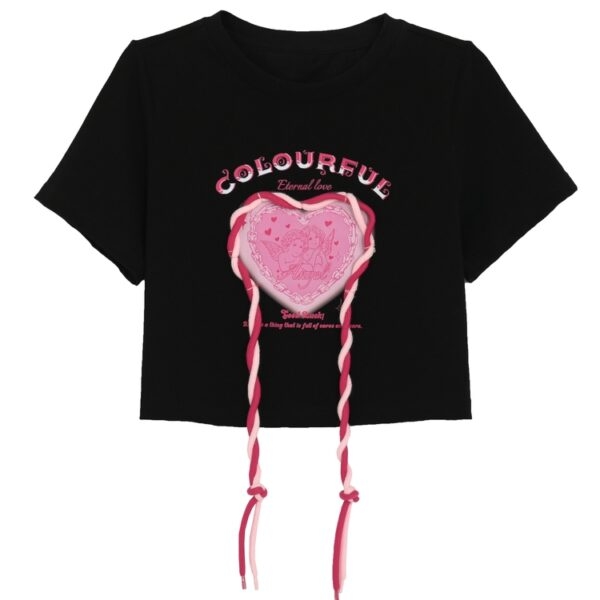 Camiseta negra con estampado de corazón rosa dulce y picante kawaii negro