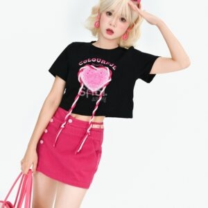 Black Sweet And Spicy Pink Heart Print T-Shirt Black kawaii