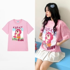 T-shirt oversize w stylu SoftGril, różowy, animowany miś, bawełniany kawaii