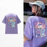 T-shirt violet ample à imprimé graphique de dessin animé Kawaii dessin animé