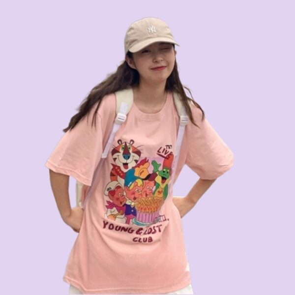 Camiseta holgada con estampado de dibujos animados rosa estilo Ins Estilo kawaii