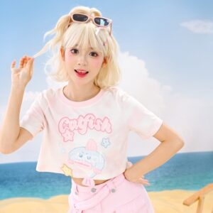 Kawaii roze dikke vis T-shirt Leuke kawaii