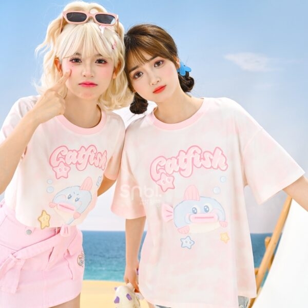 Kawaii roze dikke vis T-shirt Leuke kawaii