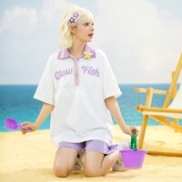 Camiseta polo gráfica 3D roxa Kawaii Garota Mori kawaii
