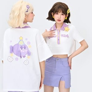 Kawaii Purple 3D Graphic Polo T-shirt Mori Girl kawaii