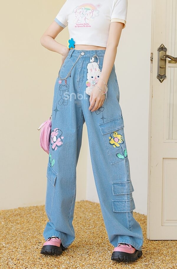 Jeans a vita alta con stampa fiori arcobaleno Fiore kawaii