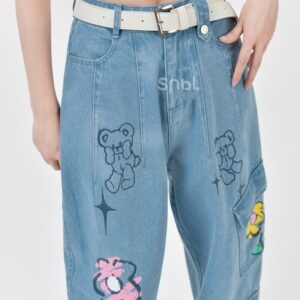 Hochsitzende Jeans mit Regenbogenblumen-Print Blumenkawaii