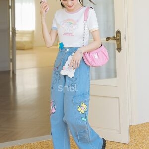 Jeans de cintura alta com estampa de flor arco-íris Flor kawaii