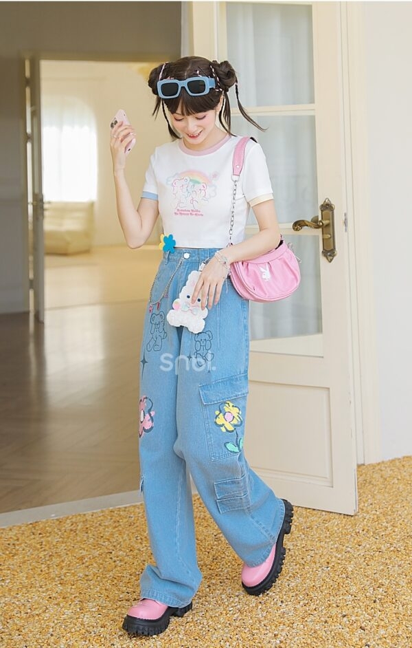 Jeans de cintura alta com estampa de flor arco-íris Flor kawaii