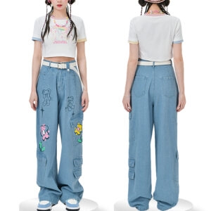 Jeans met hoge taille en regenboogbloemenprint Bloem kawaii