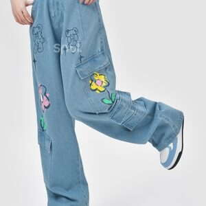Jeans de cintura alta com estampa de flor arco-íris flor kawaii