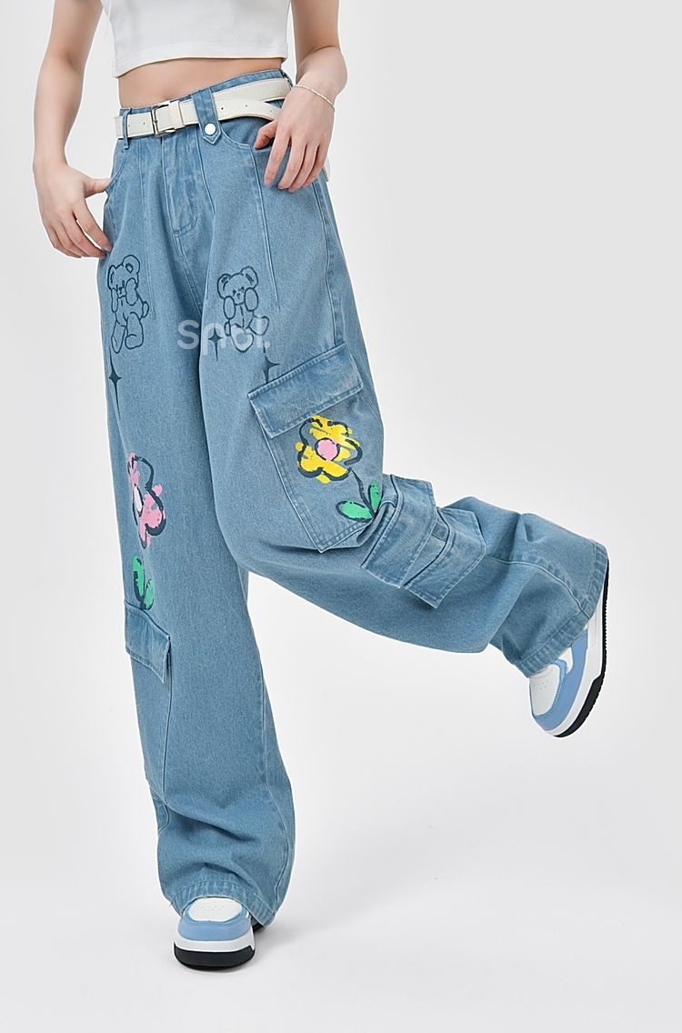 Rainbow Flower Print High-Rise Jeans - Kawaii Fashion Shop