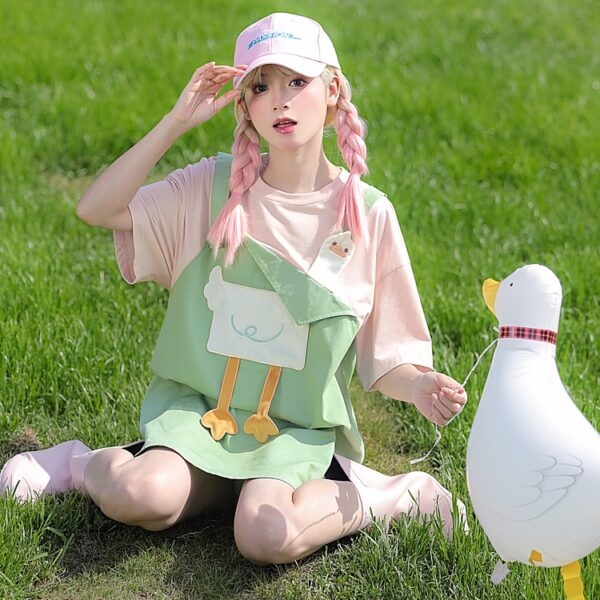 Summer Girly Cartoon Duck Fake Two-Piece Dress 2