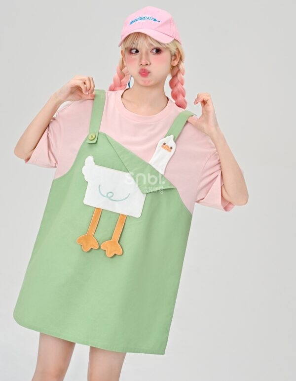 Summer Girly Cartoon Duck Fake Two-Piece Dress 9