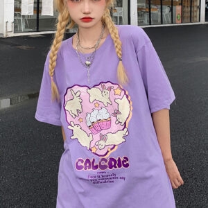 Summer Soft Girl Style Purple Graffiti Print Oversize T-shirt Graffiti kawaii