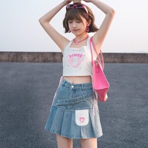 Sweet Girly Style High Waist Mini Denim Plisserad kjol Denimkjol kawaii
