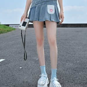 Mini saia jeans plissada estilo feminino doce de cintura alta Saia jeans kawaii