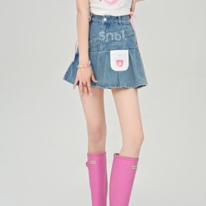 Mini saia jeans plissada estilo feminino doce de cintura alta Saia jeans kawaii