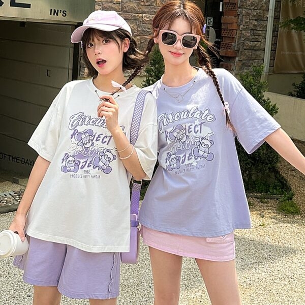 Sweet Style Purple Bear Print All-match T-shirt 7