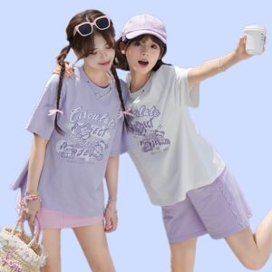 T-shirt tout-assorti à imprimé ours violet, Style doux, kawaii