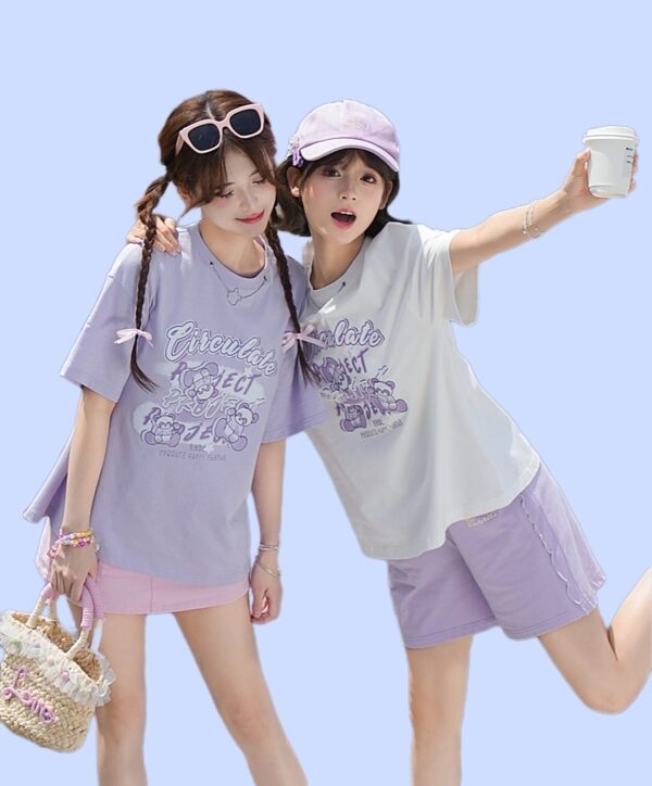 Sweet Style Purple Bear Print All-match T-shirt 1