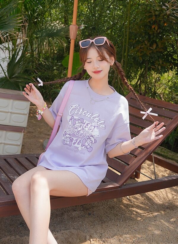 Sweet Style 紫くまプリントオールマッチTシャツ 5