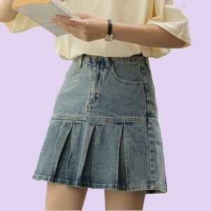 Dżinsowa plisowana spódnica w stylu American Girl Spódnica w kształcie litery A, kawaii