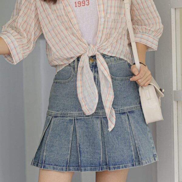 American Girl Style Denim Plisserad kjol A-line kjol kawaii