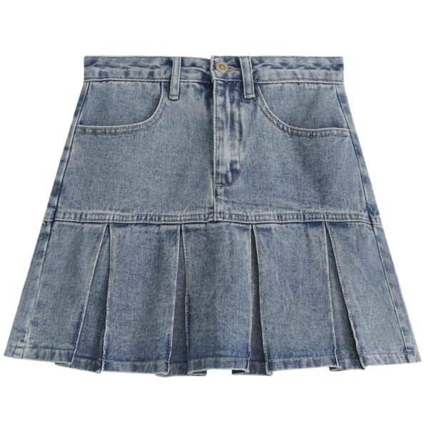 American Girl Style Denim Pleated Skirt A-line Skirt kawaii