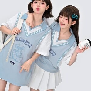 T-shirt polo finta in due pezzi blu stile Preppy blu kawaii