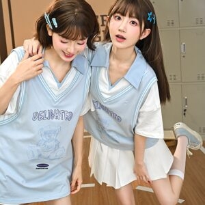 T-shirt polo finta in due pezzi blu stile preppy blu kawaii
