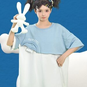 Cute Color Contrast Three-Dimensional Bunny Fake Two-Piece T-shirt