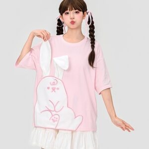 T-shirt brodé de lapin de dessin animé rose mignon, kawaii