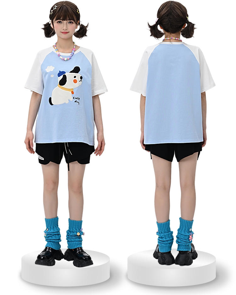 Kawaii blaues süßes Hunde-Print-T-Shirt
