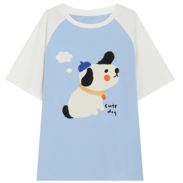 Kawaii Blue Cute Dog Print T-shirt Söt kawaii