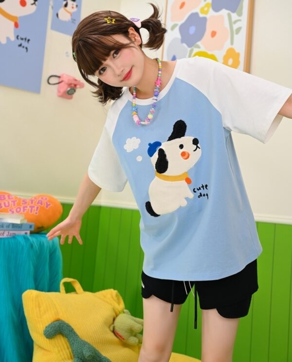 Kawaii blauw schattig hondenprint T-shirt Leuke kawaii